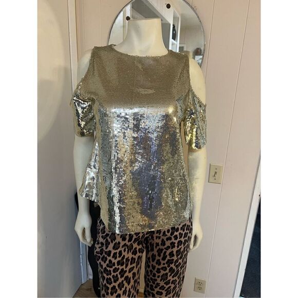 Boston Proper Gold Glittering Cold Shoulder Sequined Fancy Top Sm - Picture 1 of 9
